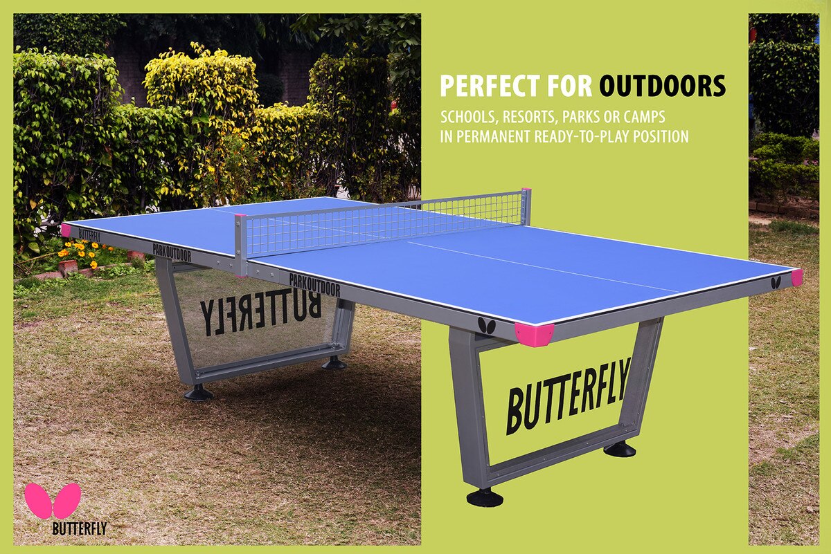 Butterfly Park Outdoor Ping Pong Table, shown here is perfect for the outdoors. Built with schools, resorts or campgrounds in mind. Built in a permanent Ready-To-Play position.